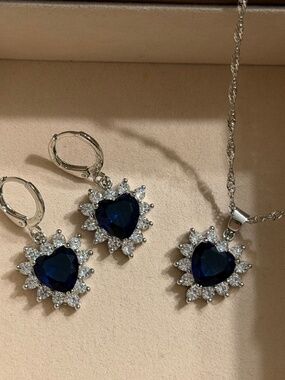 925 Sterling Silver Stamped Sapphire Blue Cubic Zirconia Heart Necklace Earrings
